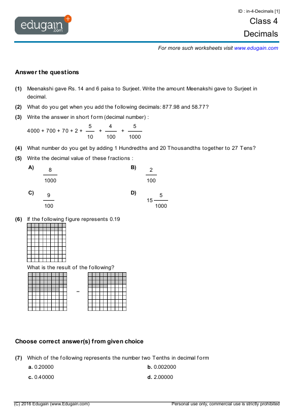 Class Math Worksheets And Problems Decimals Edugain India