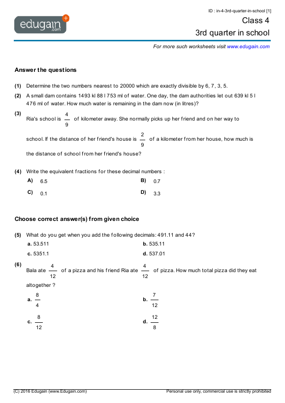 Class 4 Math Worksheets and Problems: 3rd quarter in school | Edugain India