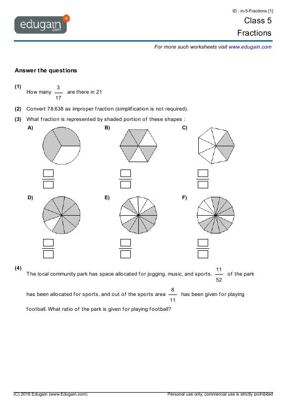 Class 5 Math Worksheets and Problems: Fractions | Edugain India