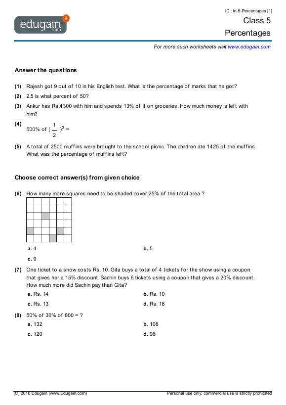 Class 5 Math Worksheets and Problems: Percentages | Edugain India